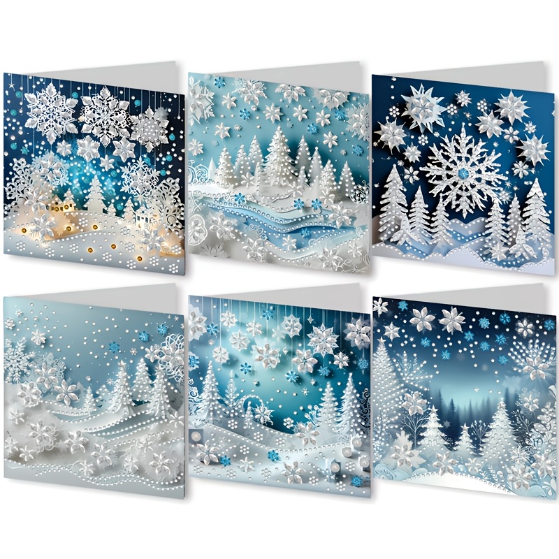 TEMU A Gift Suitable For All , 6 Diy Diamond Painting Greeting Cards With Envelopes- Christmas Winter Snowflake Design, Featuring Unique Acrylic()
