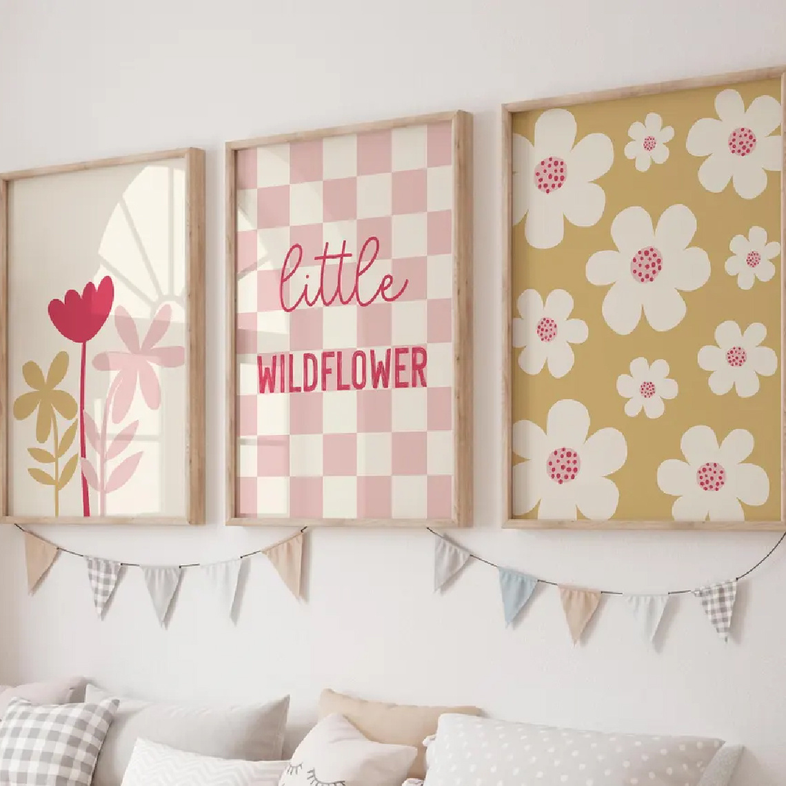 E-shop 3-teilige Wildblumen Kinderzimmer Wandkunst-Drucke – Moderne Minimalistische Lächelnde Herz & Vertikale Wildblumen Poster, Lustige Niedliche