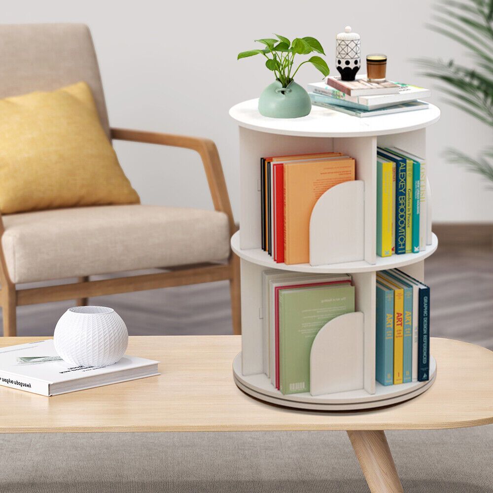 360° 2-layer Rotating Bookshelf Bookcase, Freestanding Storage Shelf Display Rack, Mortise And Tenon Technology. Installation Without Installation Tools