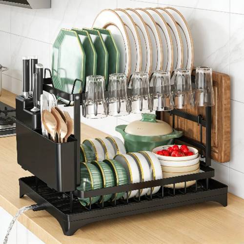 1pc home kitchen dish drying rack double layer large capacity knife chopsticks cutting board all in with drain tray kitchen countertop bowl and dish organizer