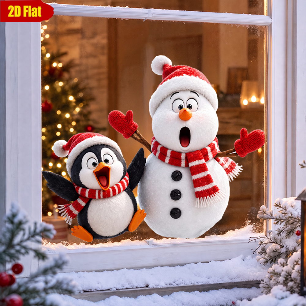 TEMU 1pc 2d Christmas Penguin Snowman Static Window Cling, Cute Reindeer With Santa Hat And Scarf Penguin And Snowman Combination, Static Adsorption