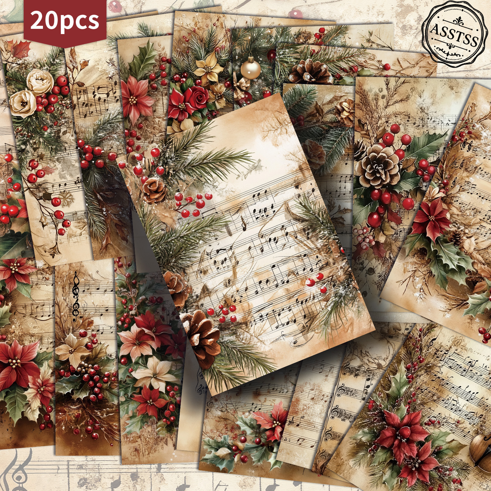 TEMU Lot de 20 cartes postales de partitions de Noël vintage ASSTSS - 4X6 pouces, fournitures de journal rétro, illustrations classiques, cartes de