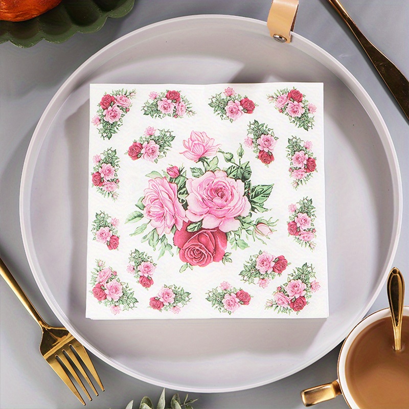 TEMU 1 Pack/20 Sheets And Red Floral Napkins, Restaurant, Cafe, Hotel Decorative Paper Napkins, Colorful Disposable Napkins
