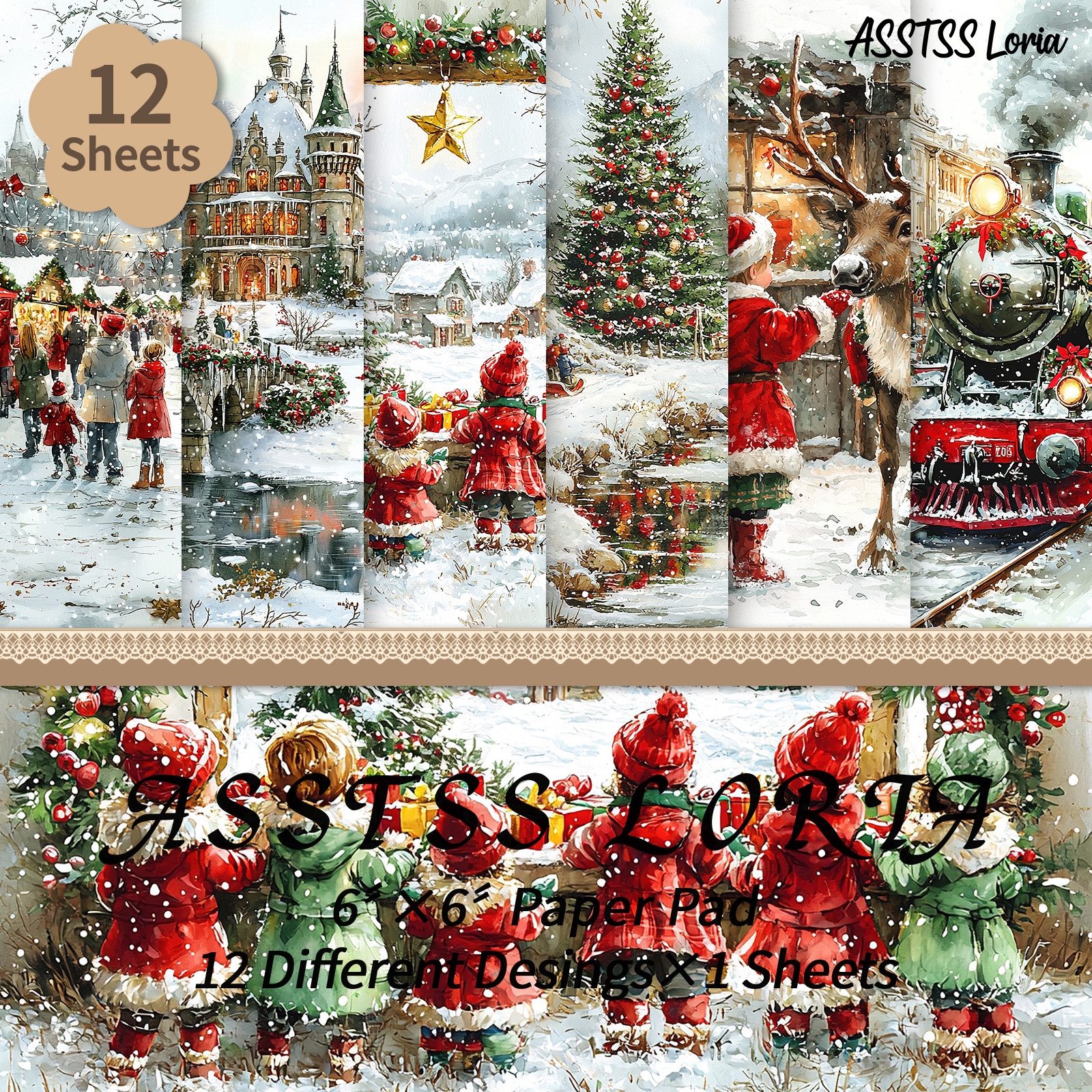 TEMU Bloc de papier de scrapbooking ASSTSS Loria 6*6 pouces, 12 feuilles, papier de support pour scènes de Noël, papier cartonné épais pour journal,