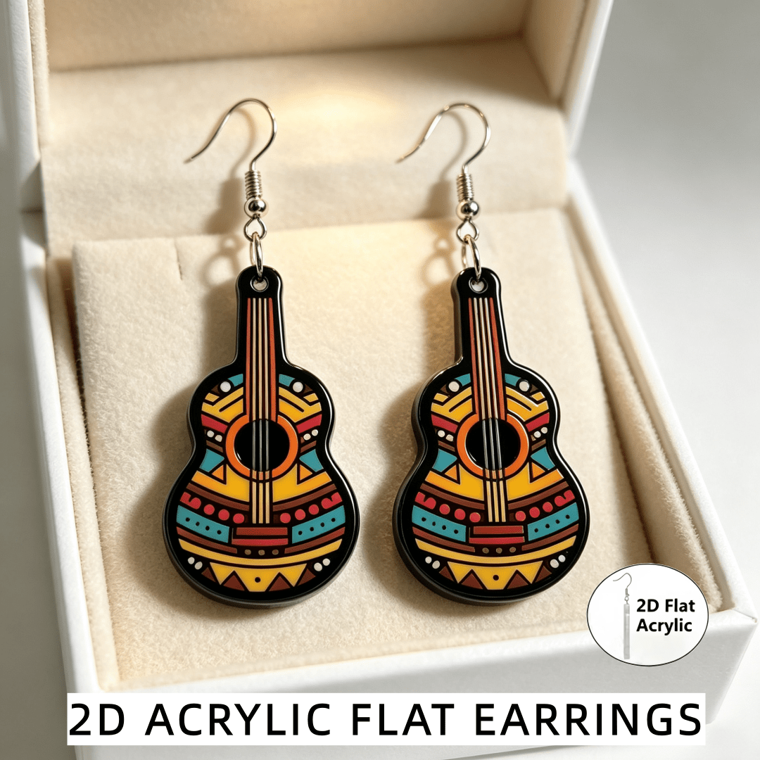 Women's Boho Guitar-Shaped Dangle Earrings with Tribal Patterns