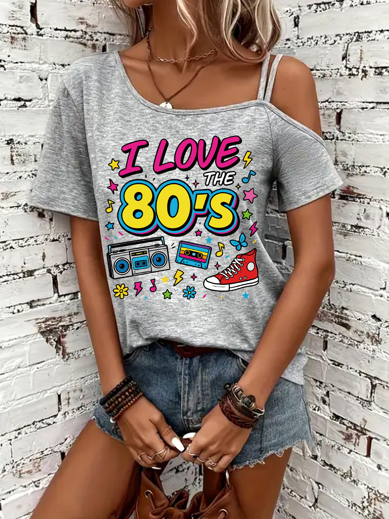 035 womens fashion shoulder strappy short sleeve t shirt 80s