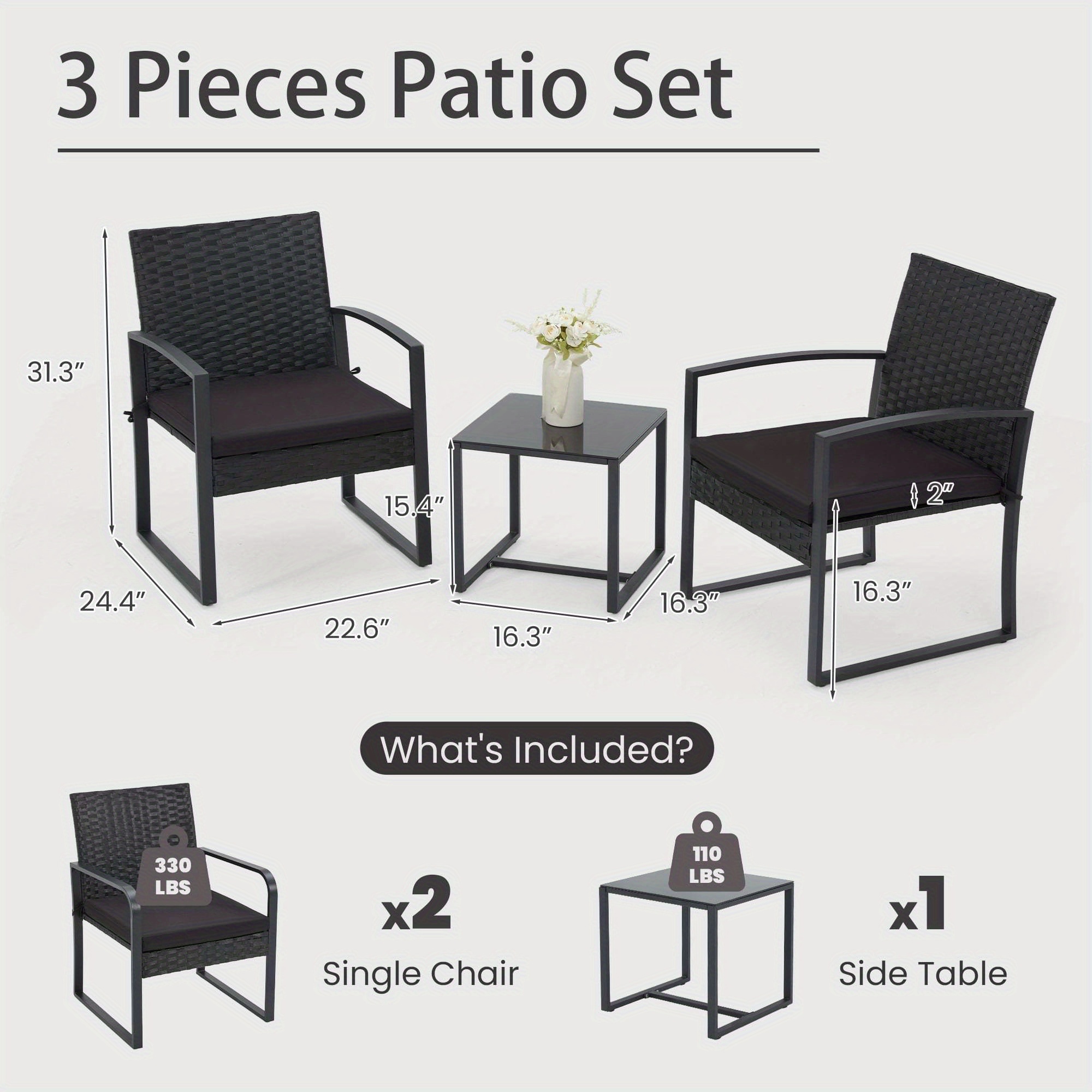 [Durable Rattan, Bezseller] 3pcs Bezseller Patio Furniture Set | Outdoor Rattan Bistro Set with Durable Steel Frame, Strapped Cushions for Garden, Balcony, Poolside, Backyard