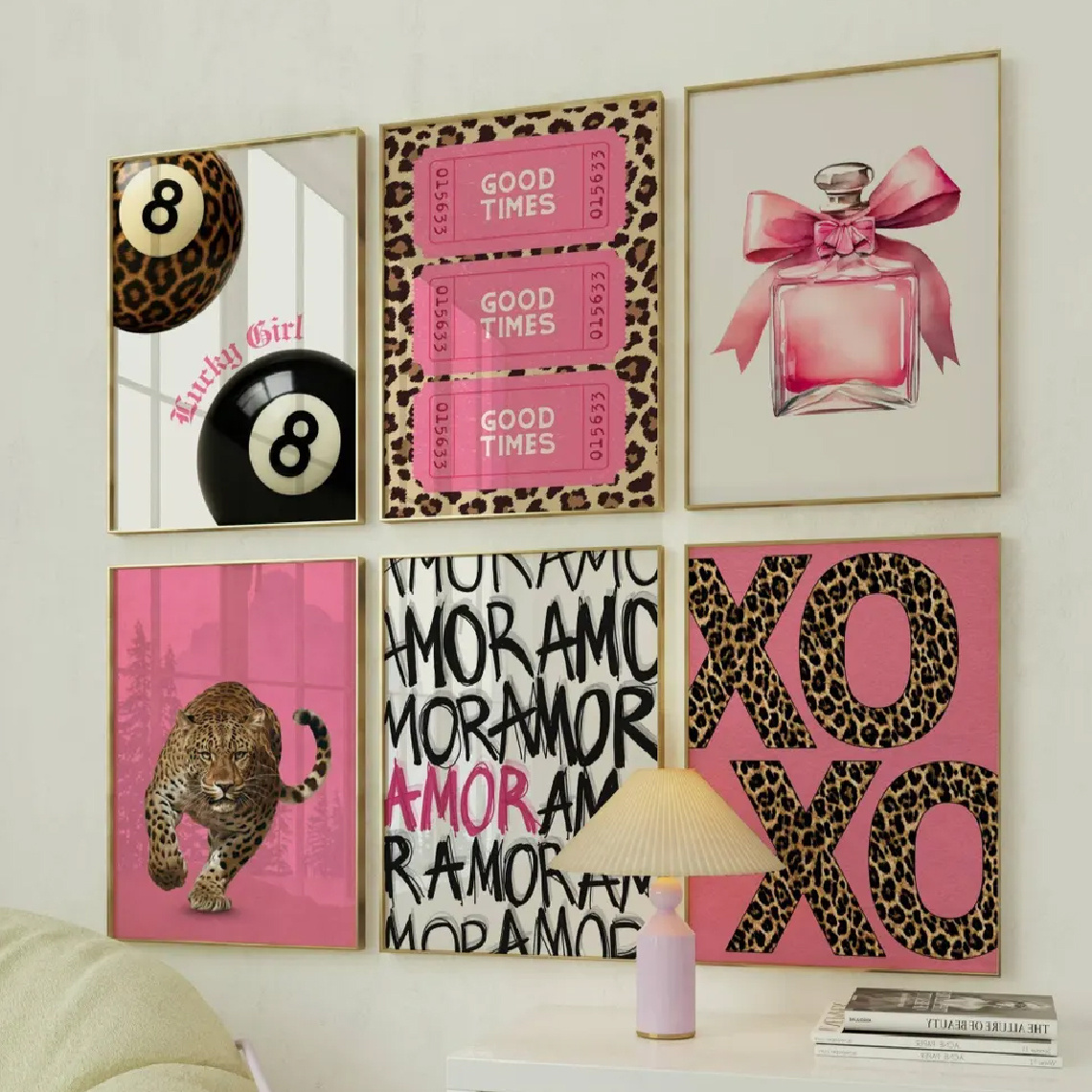 TEMU 2d Flat, 2d Flat, 6pcs Set, Wall Art, Vintage Poster, Pink Leopard Print Art Print, Fashionable Trend Canvas Painting, Perfect Decoration For
