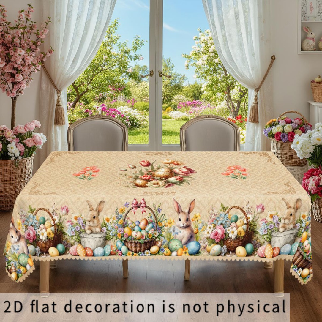 TEMU 2d Flat Tablecloth, 1pc Easter Theme Party Tablecloth, Spring Summer Vintage Rabbit Egg Tulip Floral Print , Lace Trim, Suitable For Indoor
