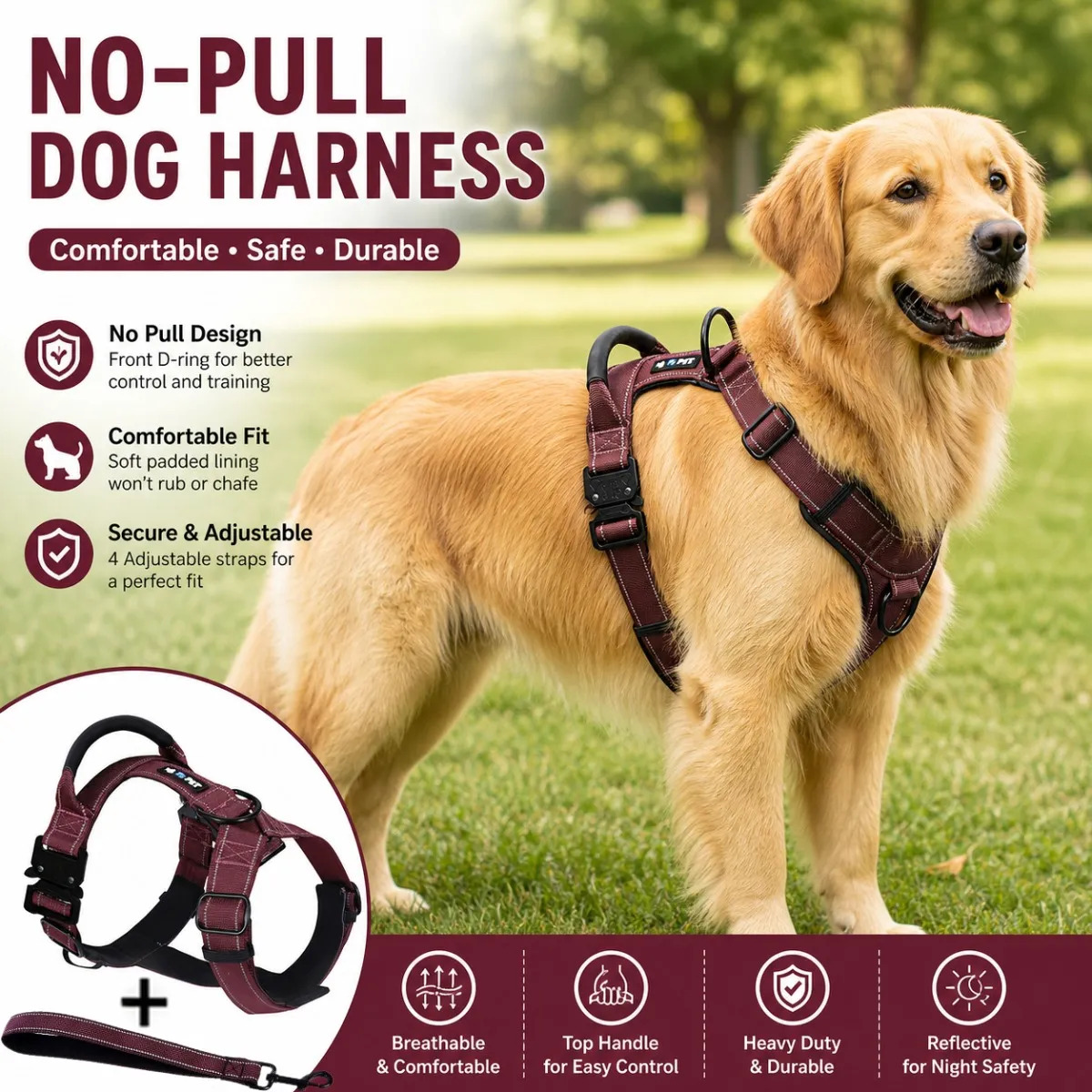 TEMU No Pull Dog Harness& Leash Set, Adjustable Reflective Dog Vest With Top Handle, Escape-proof& Breathable For Medium Large Dogs