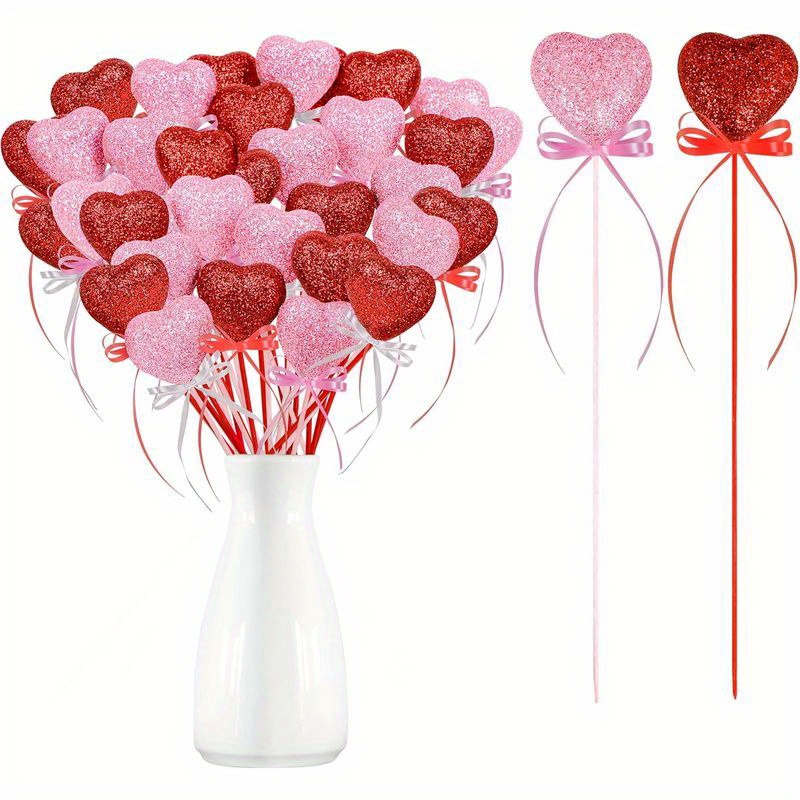 Image of 70pcs Glitter Foam Heart Picks For Valentine's Day - Red And Pink Sparkly Heart Sticks For Floral Arrangements, Wedding Centerpieces, Party Decor And Bouquet Embellishments - Floral Arrangement Card