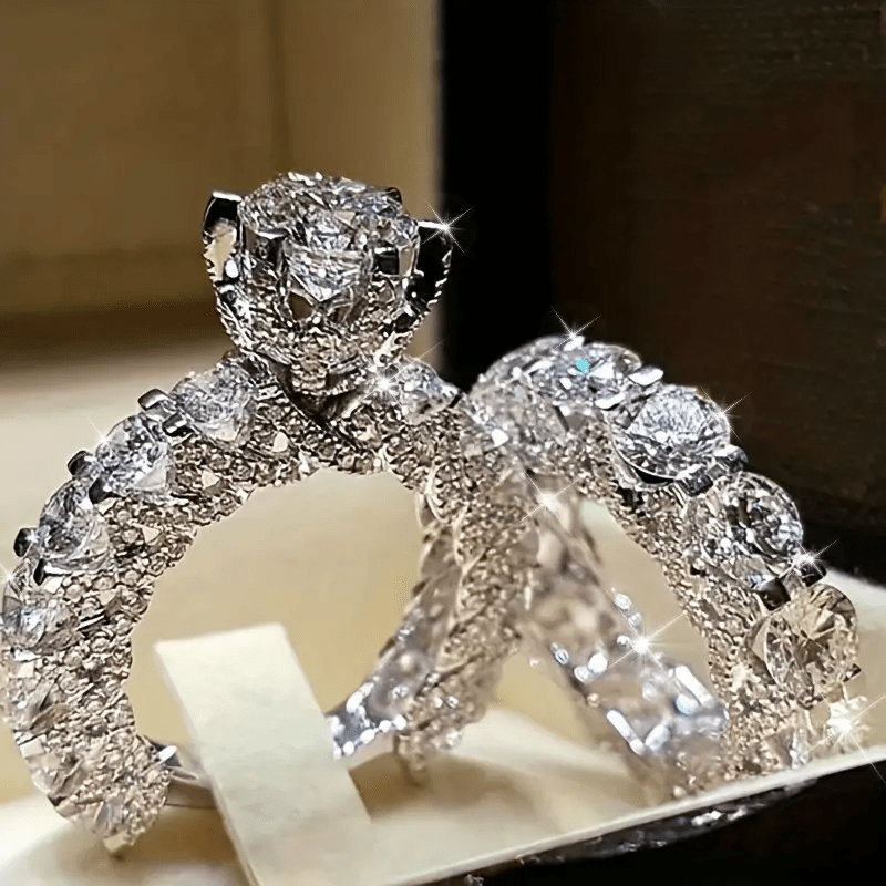 TEMU Elegant Promise Silver-plated Plated Ring Set With Shining Synthetic Round Synthetic Zirconia Engagement/ Wedding Ring For Jewelry Party Jewelry Accessories Valentine's Day Gift