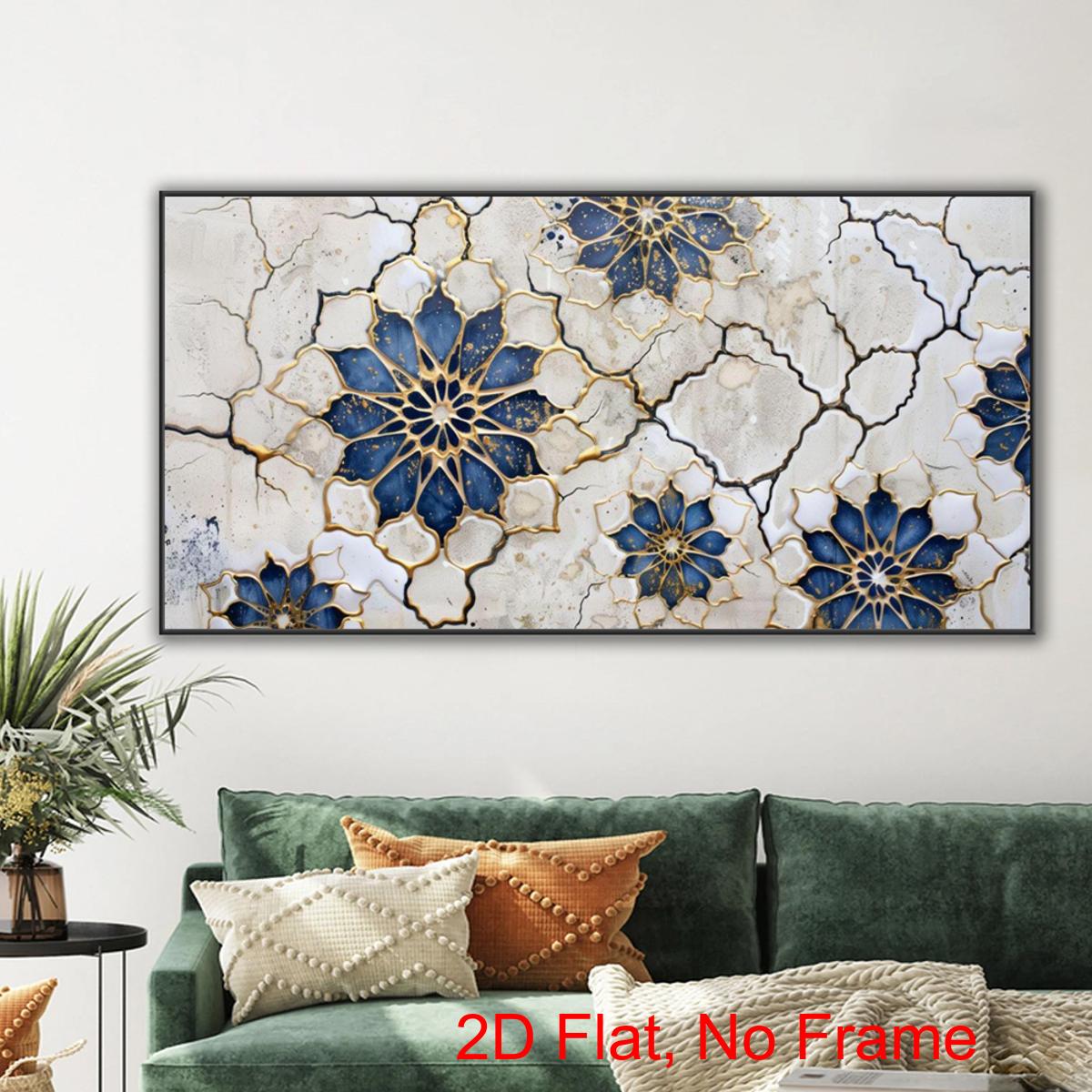 2d flat 2d flat 1pc canvas poster large modern wall art poster elegant blue moroccan geometric floral illustration print     modern textured wall decor luxury   for living room bedroom office bathroom decor