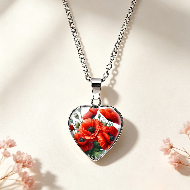 TEMU 1pc Red Poppy Bouquet Heart Glass Cabochon Necklace Fashion Handmade Unisex Heart Pendant Necklace Jewelry Accessory Gifts