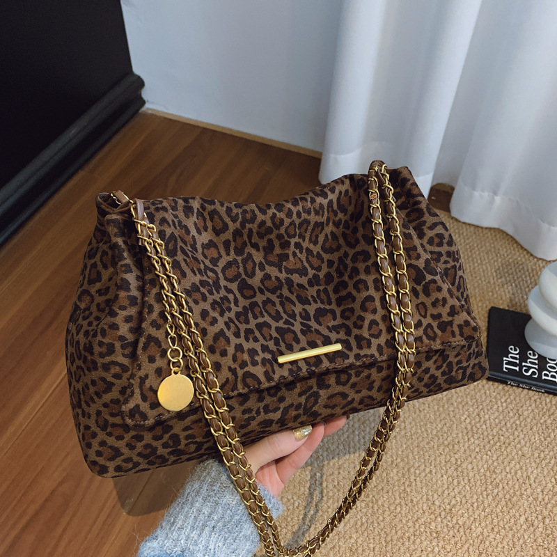 TEMU Suede Womens Leopard Print Shoulder Bag, Large Capacity Tote With Delicate Chain Strap, Soft Comfortable Fabric Handbag For Daily , Phone Pouch,