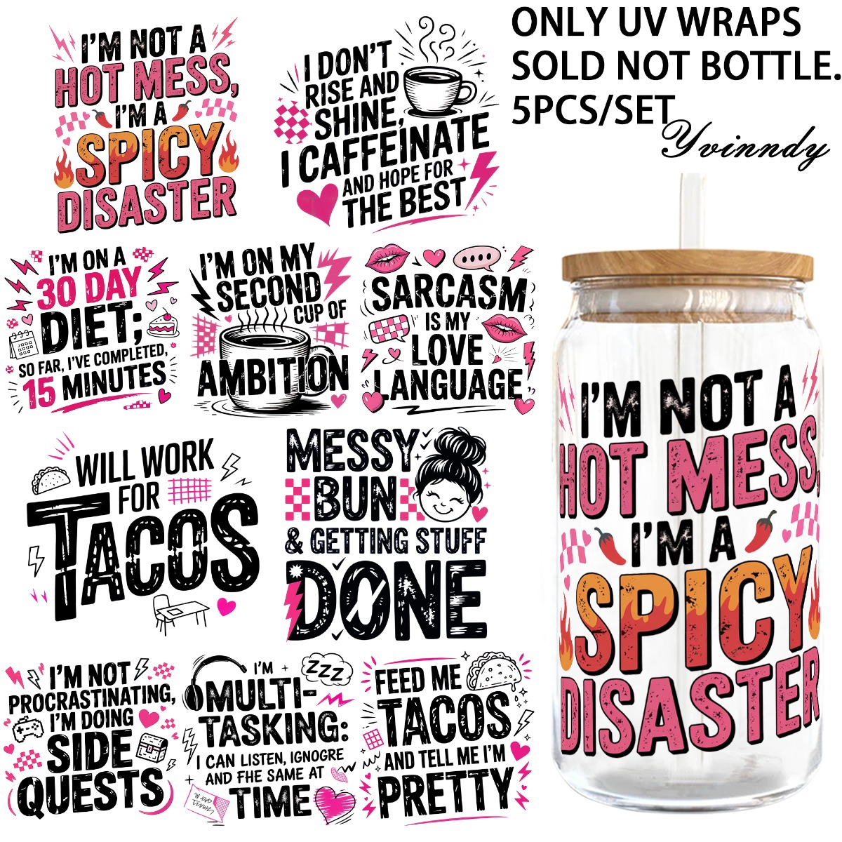 TEMU 5pcs/set Funny Quotes 16oz Glass Jar Transfer Paper Uv Dtf High Self-adhesive Transfer Paper Suitable For Decorating Cups And Bottles