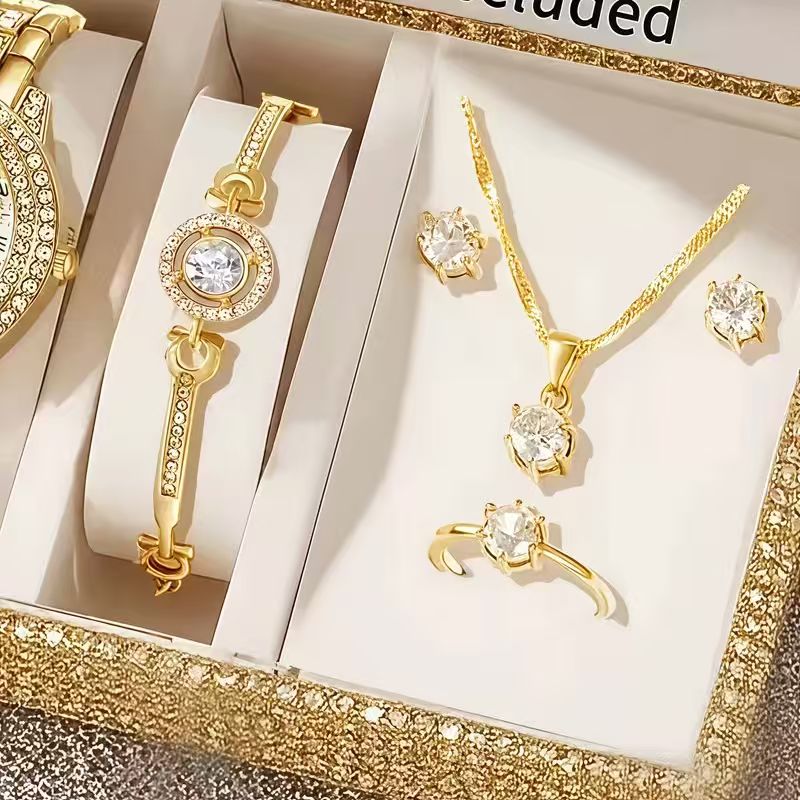 TEMU 4pcs Set Of Luxurious And Elegant Women's Jewelry, Including Bracelet, Necklace, Earrings, And Ring, Featuring Shiny Golden Theme With Synthetic