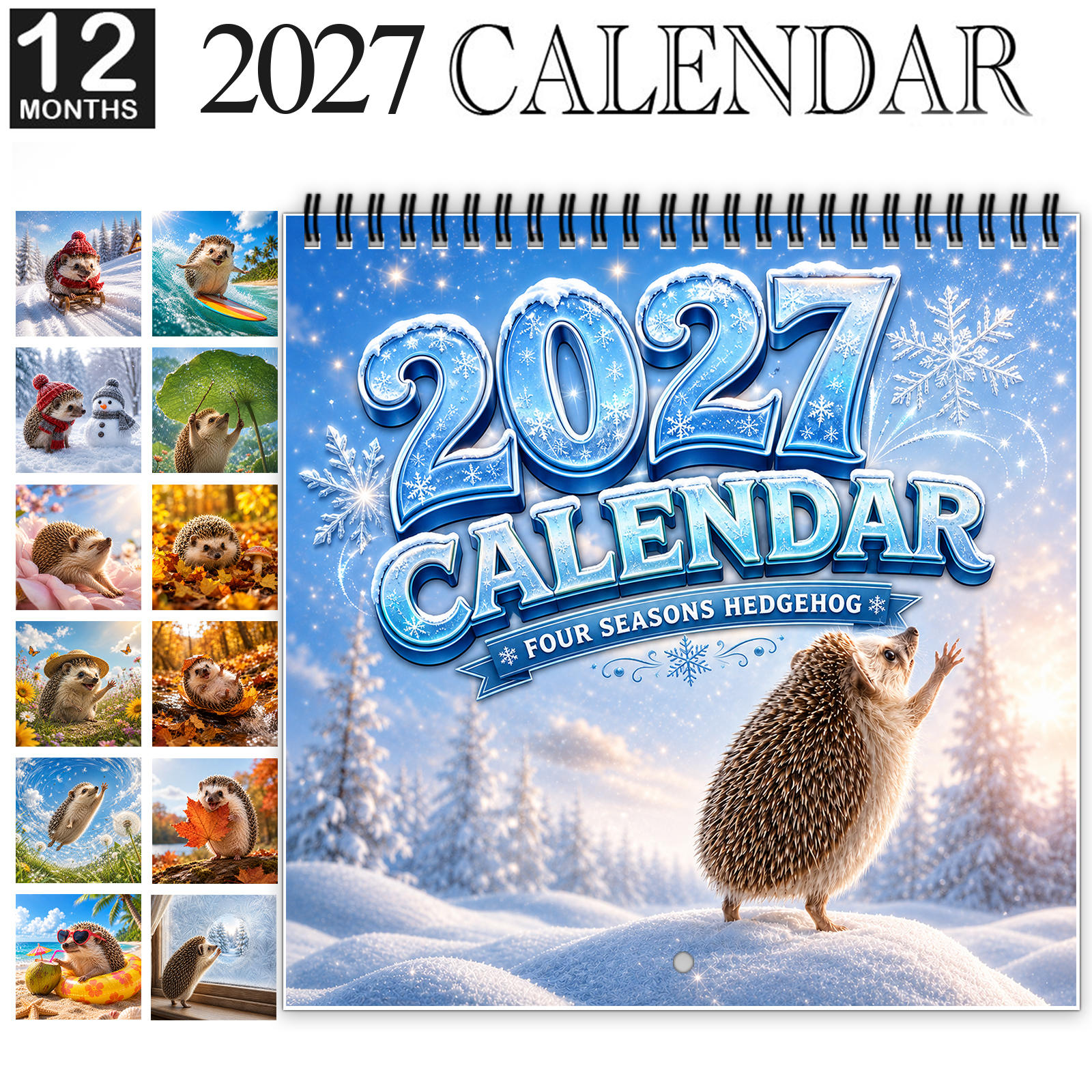 TEMU 1 pièce Calendrier mural 2027 Hérisson Enneigé, Agenda mensuel 12 mois à spirale avec papier épais et brillant, Affiche de adorables hérissons