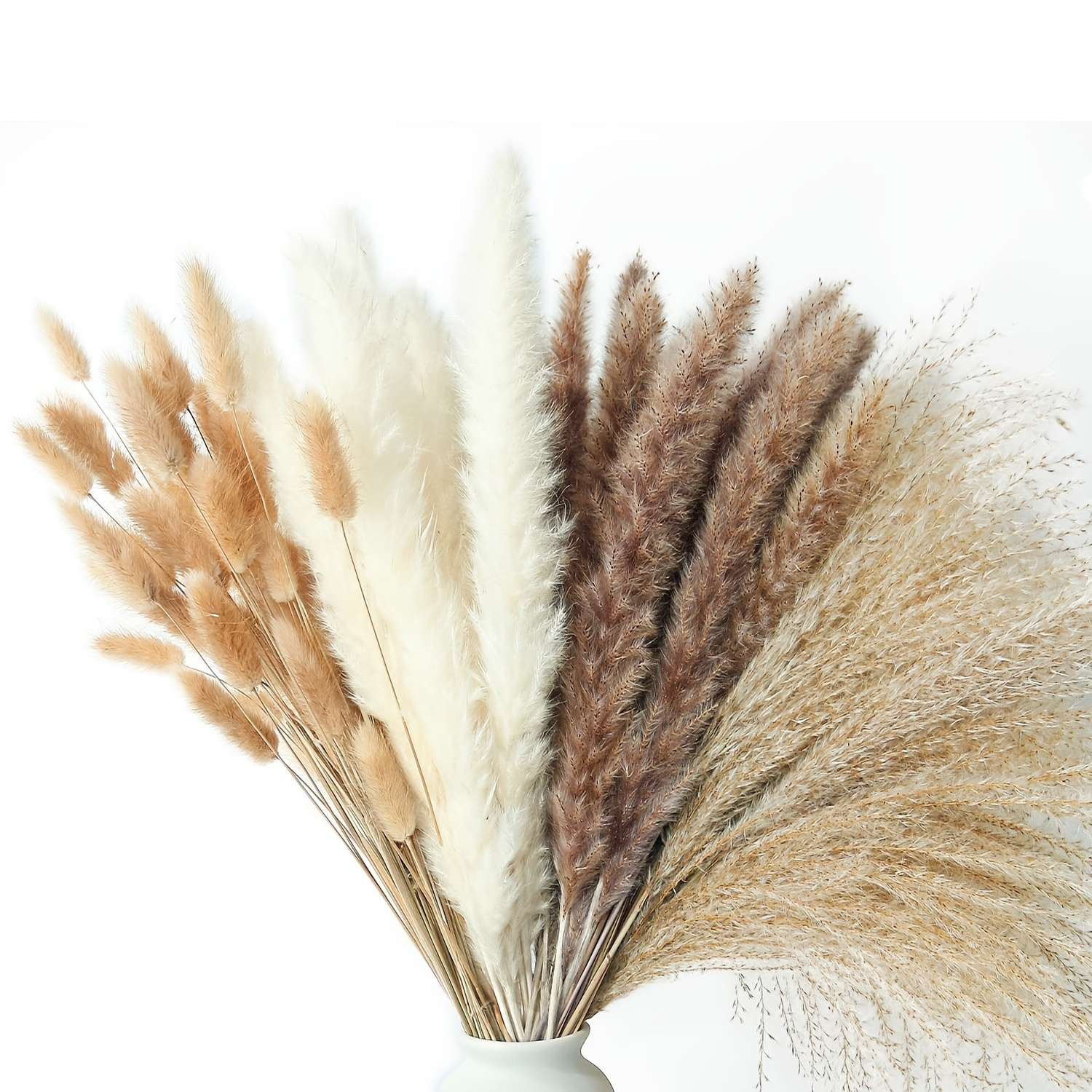 TEMU 102pcs Boho Chic Dried Pampas Grass Decor Set - Includes Bunny Tails And Reeds In White And Brown - Perfect For Weddings, , Rustic Farmhouse