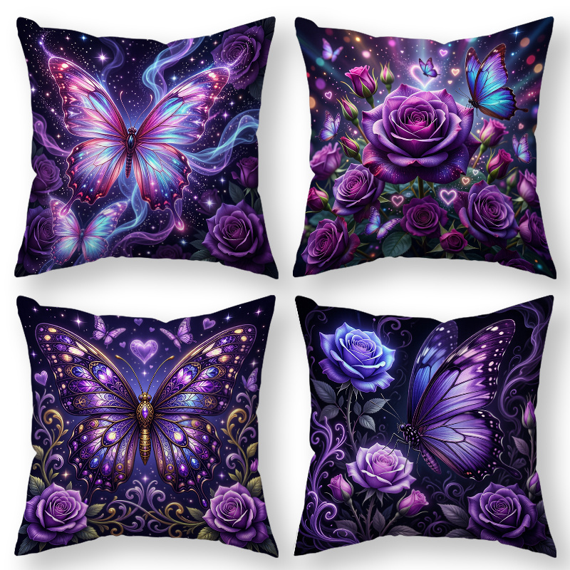 TEMU 4pcs Fantasy Style Throw Pillow Covers, Decorative Cushion Cases, And Rose With Hearts, Purple - Blue Tone. Versatile Pillow Shams For Sofa,