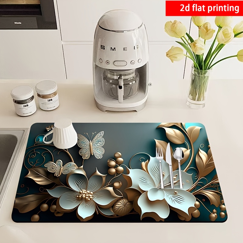 TEMU 2d Flat Printing, 1pc, Elegant Floral Pattern Absorbent Placemat, Utensil Drying Mat, Coffee Machine Mat, Drainage Mat, With Non-slip Rubber