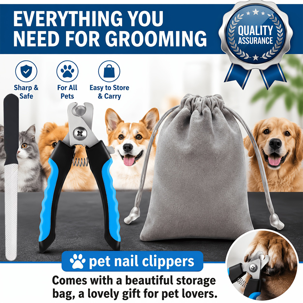 TEMU Kit de 3 coupe-ongles pour animaux en acier inoxydable avec pochette de rangement et lime à ongles, avec pare-éclaboussures de sécurité et