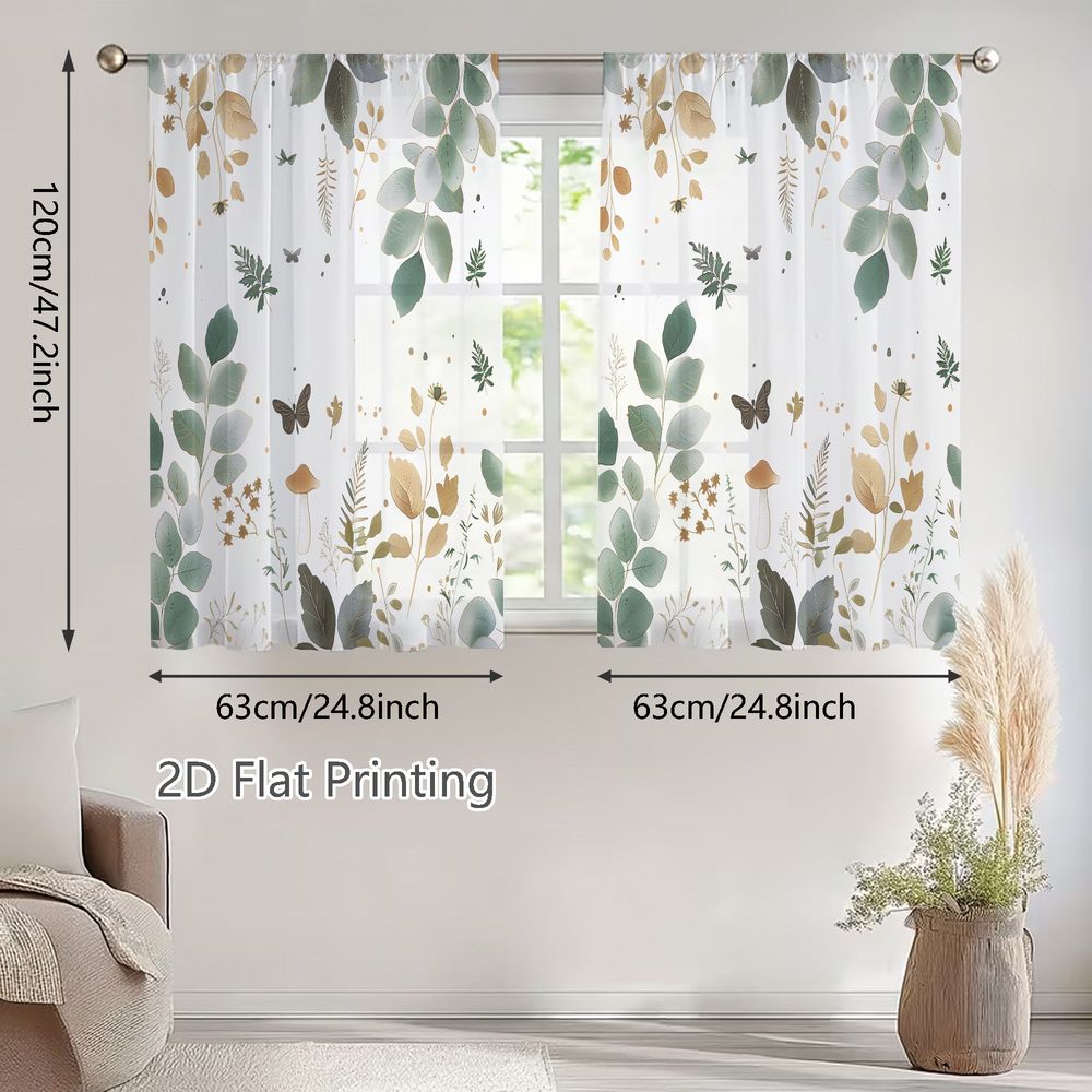TEMU Plat 2D, 2 pièces Rideaux Voilages Printemps Été, Motif Délicat Sauge, Olive et sur Fond Blanc, pour Salons, Chambres, à Manger, Cuisines et