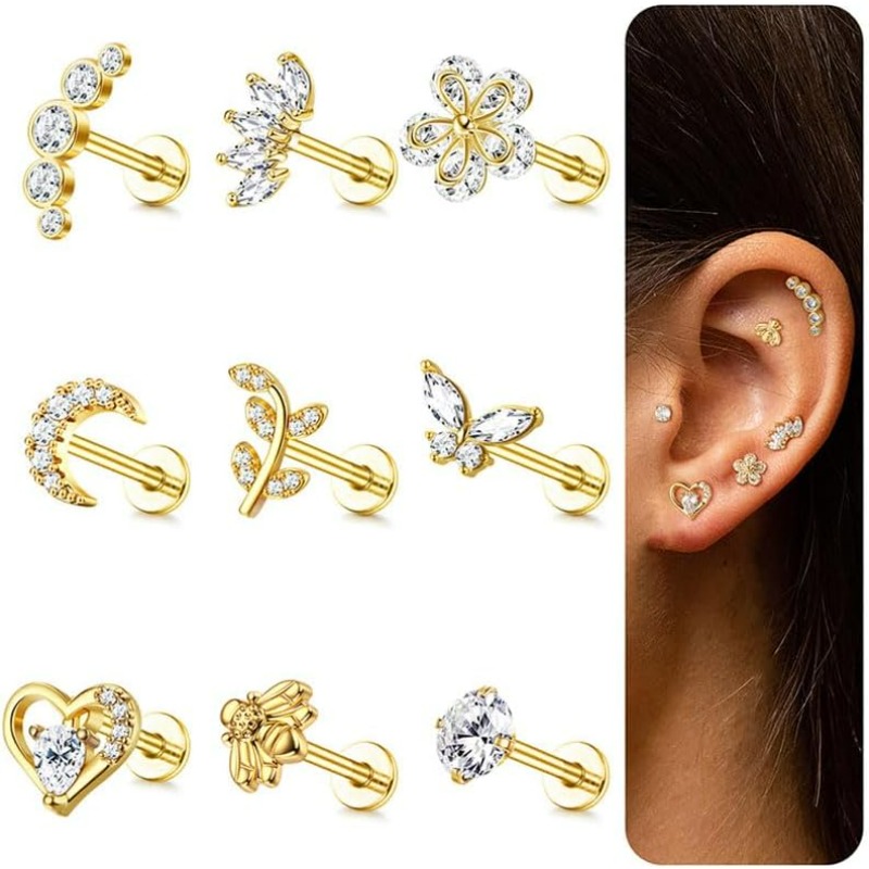Image of 9pcs 16g Cartilage Earrings For Women Stud Earrings Set Tragus Helix Conch Earrings Internally Threaded Labret Cubic Zirconia Earrings Moon Earrings For Women