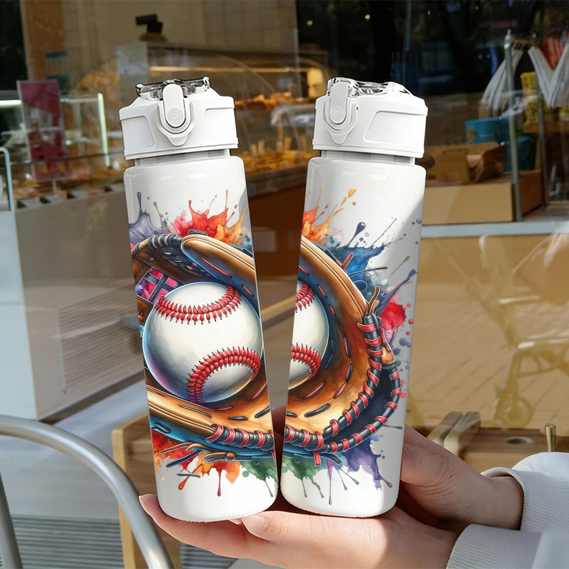 TEMU Bouteille d' 1 pièce en plastique à texture de gant de baseball, joli imprimé, étanche avec couvercle escamotable, convient aux sports de , à ,