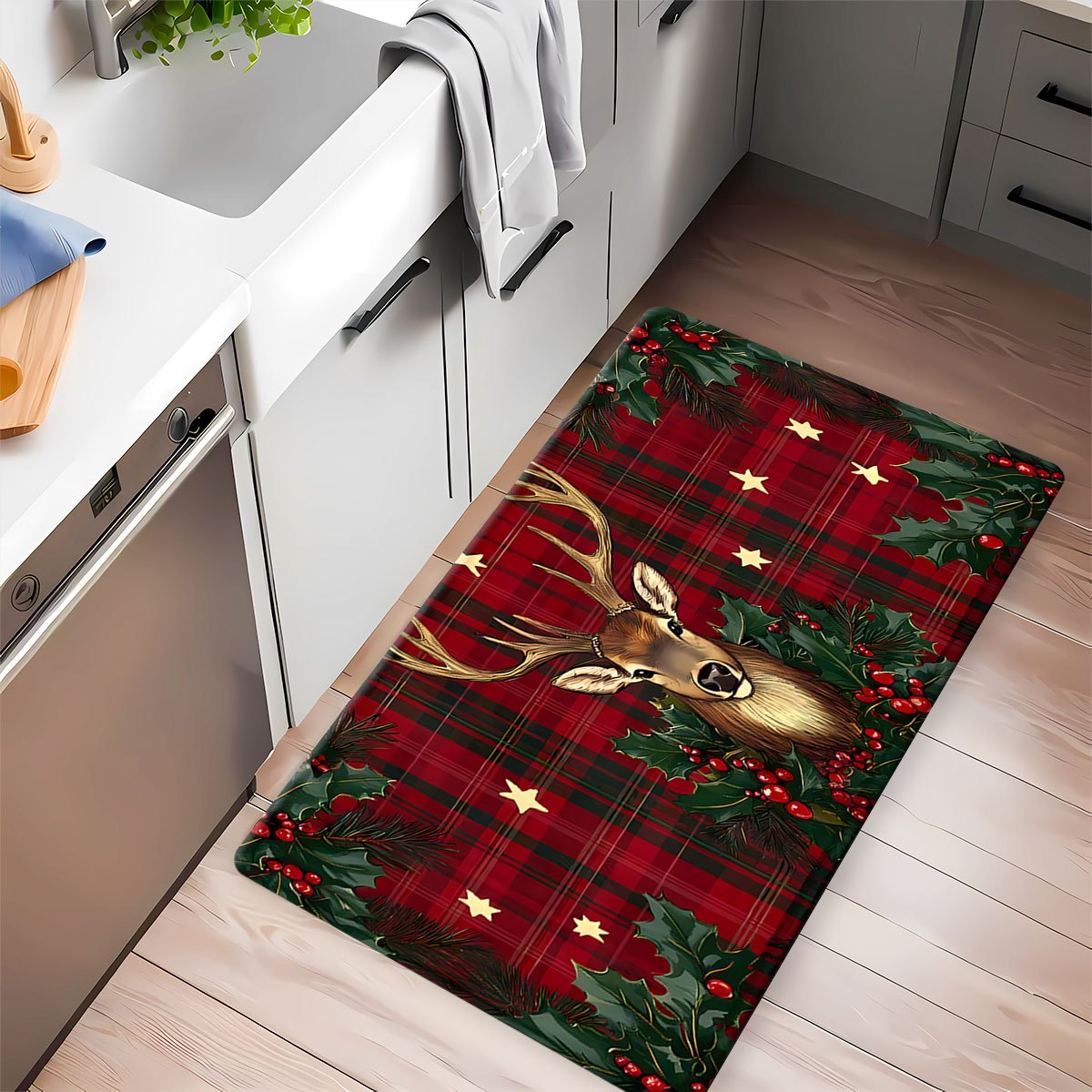 TEMU 1pc Winter Christmas Reindeer Pattern Christmas Kitchen Rug, Suitable For Kitchen, Laundry Room, Doorway, Living Room, Dining Room, Kitchen