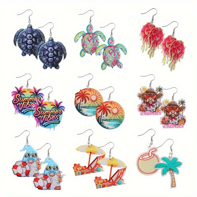 TEMU 9 paires de boucles d'oreilles style été, boucles d'oreilles pendantes colorées : mignons de tortue de mer, palmier, nain et vache, boucles