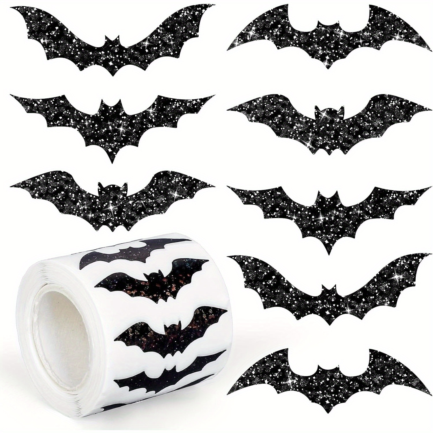 TEMU 500pcs Halloween Sparkling Bats Stickers Roll - Laser-cut Black Bats With Glitter Accents, Waterproof Self-adhesive Decals For Party Decor,