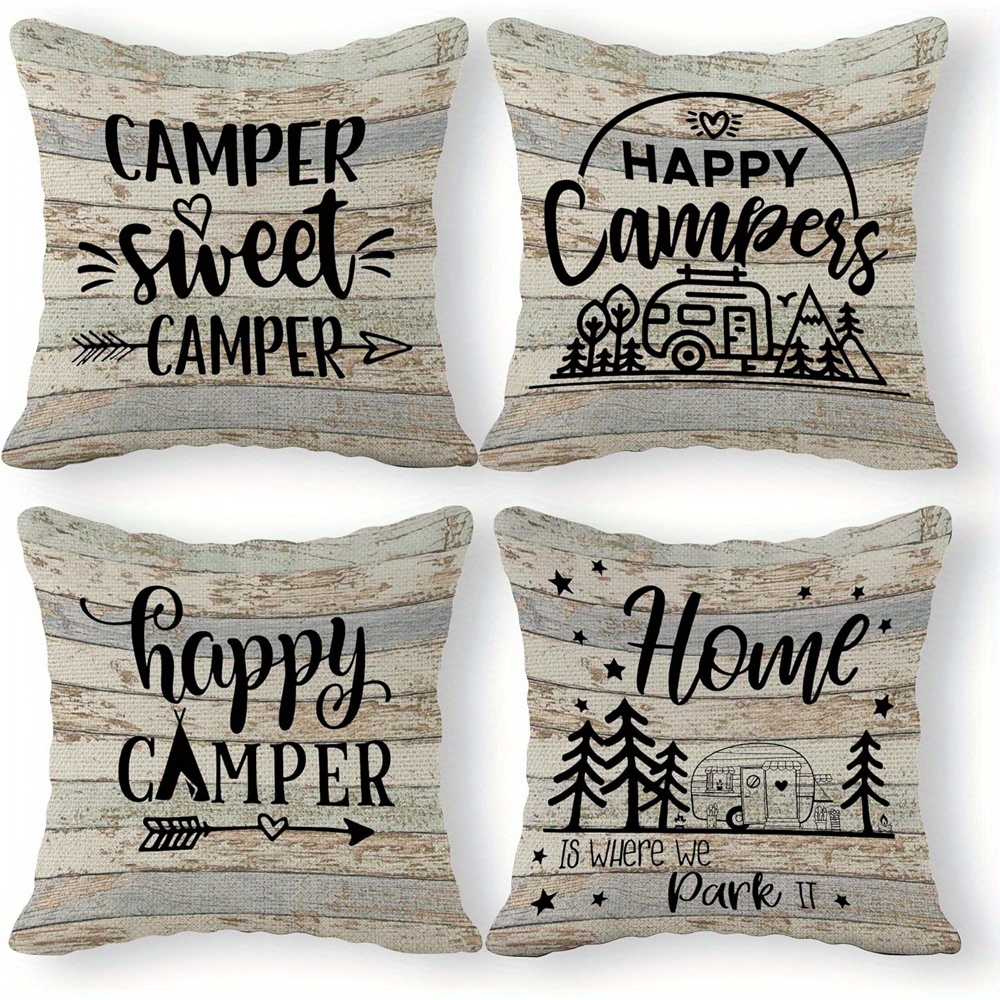 TEMU 4pcs Vintage Wood Grain Pillow Covers - Camp-themed Designs With , Pine Trees & Stars, Rustic Cabin Decor, Square Polyester Cushion Covers For