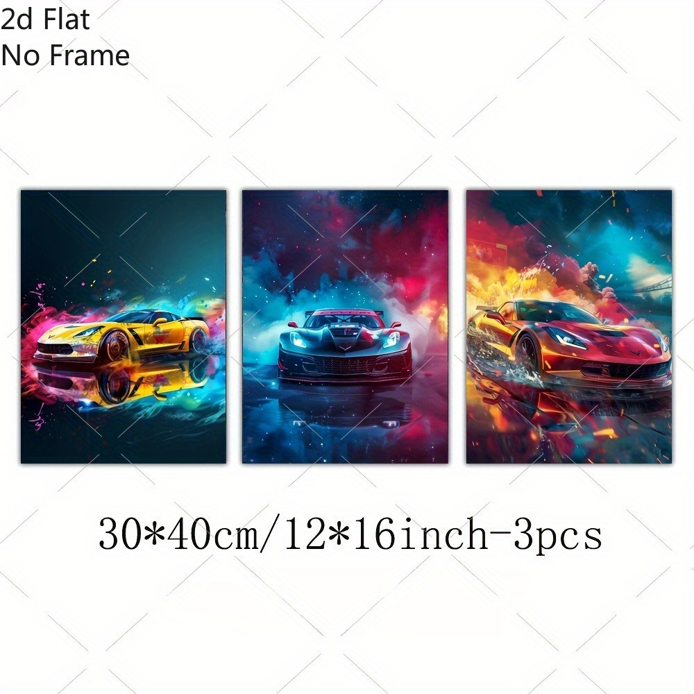 TEMU 2d Flat, 3pcs 2d Flat Super Sports Car Printed Canvas Painting, Gift That Cannot Be Refused, Cool Wall Decorative Painting, Suitable For Living