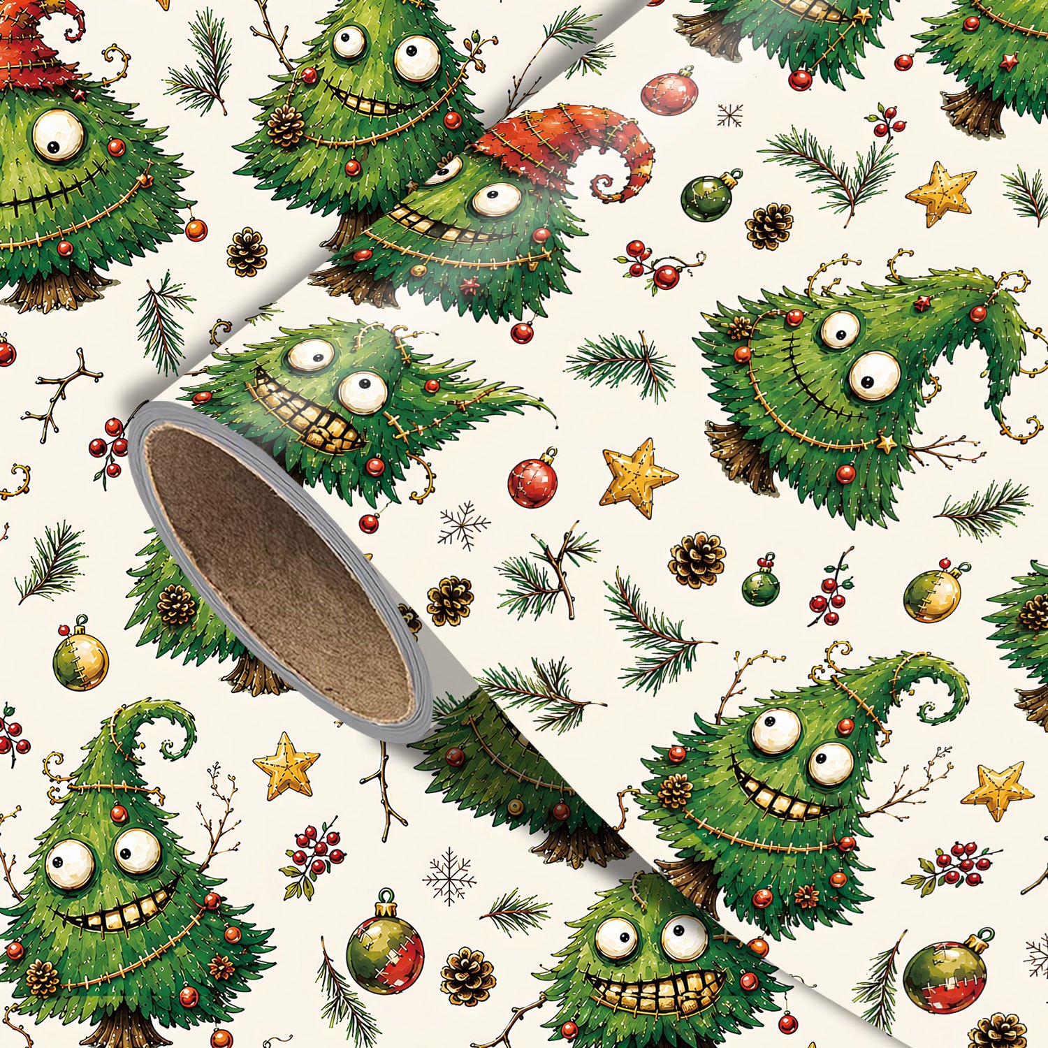 TEMU Roll Funny Christmas Tree Wrapping Paper Suitable For Xmas Gifts, Diy Crafts - Single-sided Multicolor Sheets With Pine Branches, Ornaments,