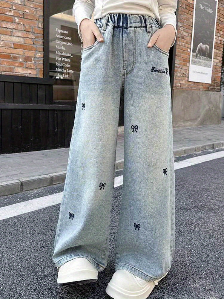older girls jeans - 2025   & autumn styles, with trendy embroidery design, elastic waist, stylish, comfortable and full of personality, casual wear, seasonal wardrobe, fashion, stylish pants, soft material, quality stitching, flared pants, embroidered jeans, school outfits,   Product details 3