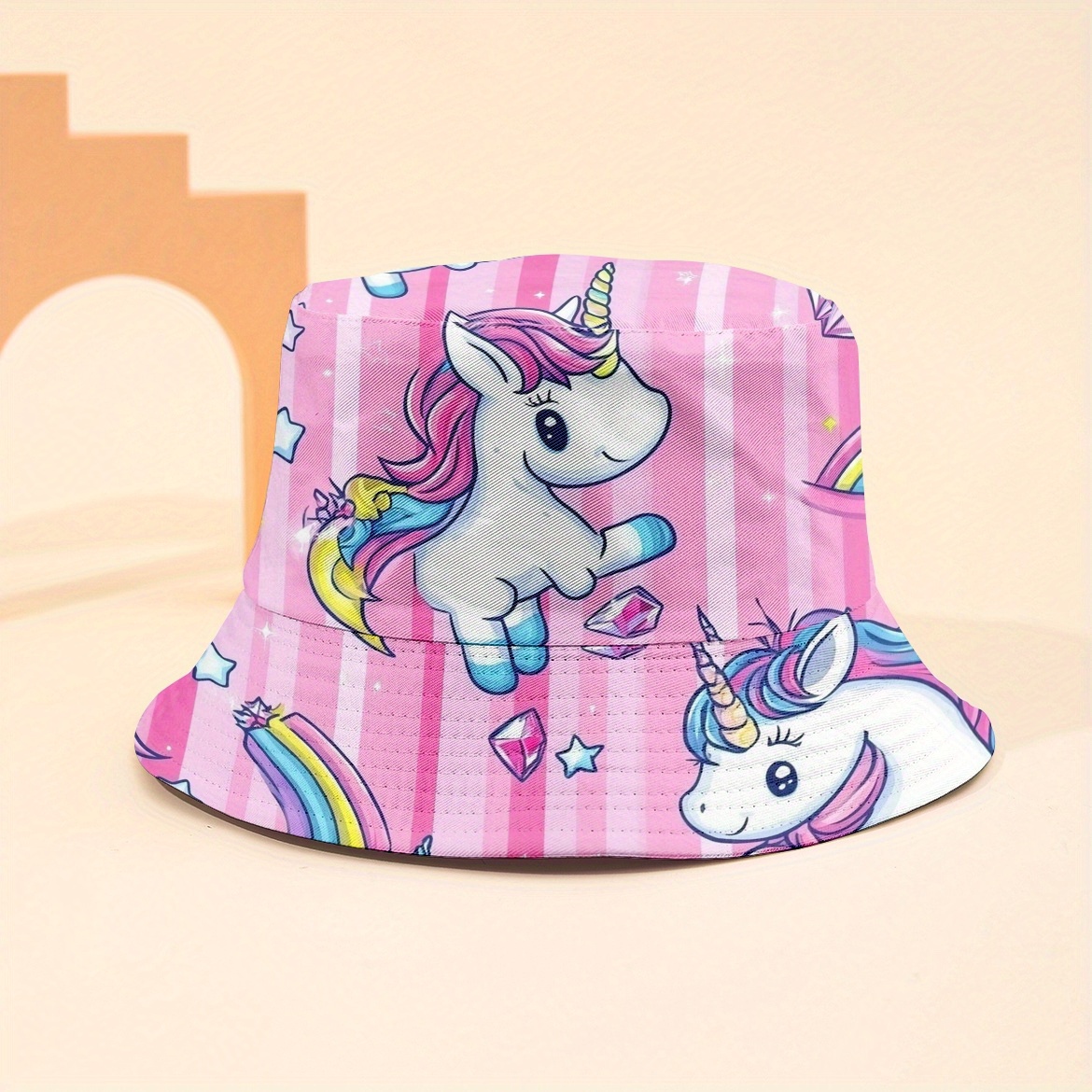 Image of 1-- Reversible Bucket Hat 5, Unisex Fashion With Unicorn, Rainbow, And Star Designs, Perfect For Summer Beach And , Travel Hat With Versatile Styling Options