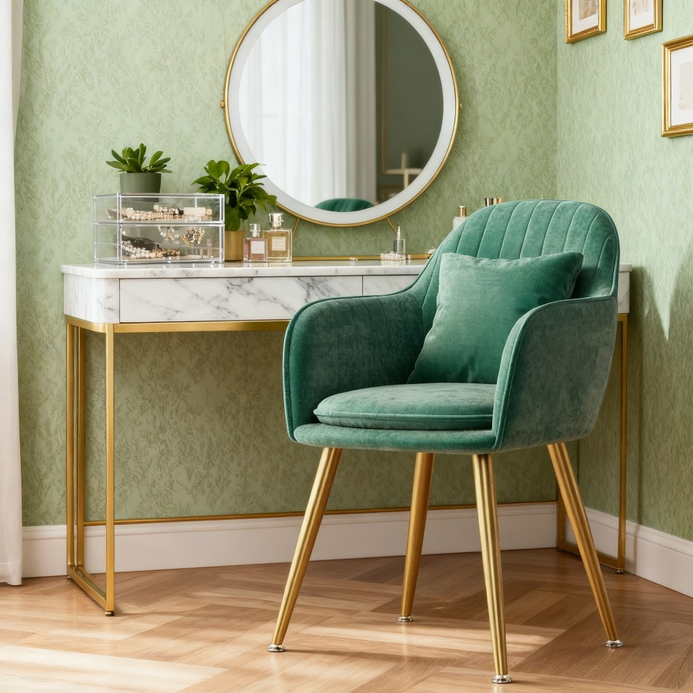 1pc Silla de Comedor Cómoda de Tela Liso, Silla de Café con Estructura de Metal, Reposabrazos y Respaldo, Silla de Comedor de Terciopelo, Silla de Maquillaje con Cojines de Lazo, Silla Lateral