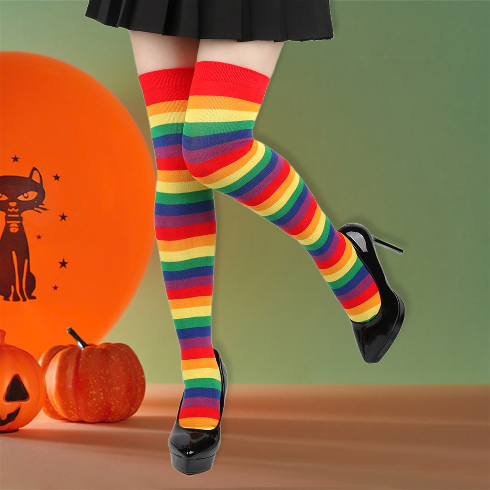 Pastel Rainbow Colorful Thigh High Socks Women'* Striped Thigh