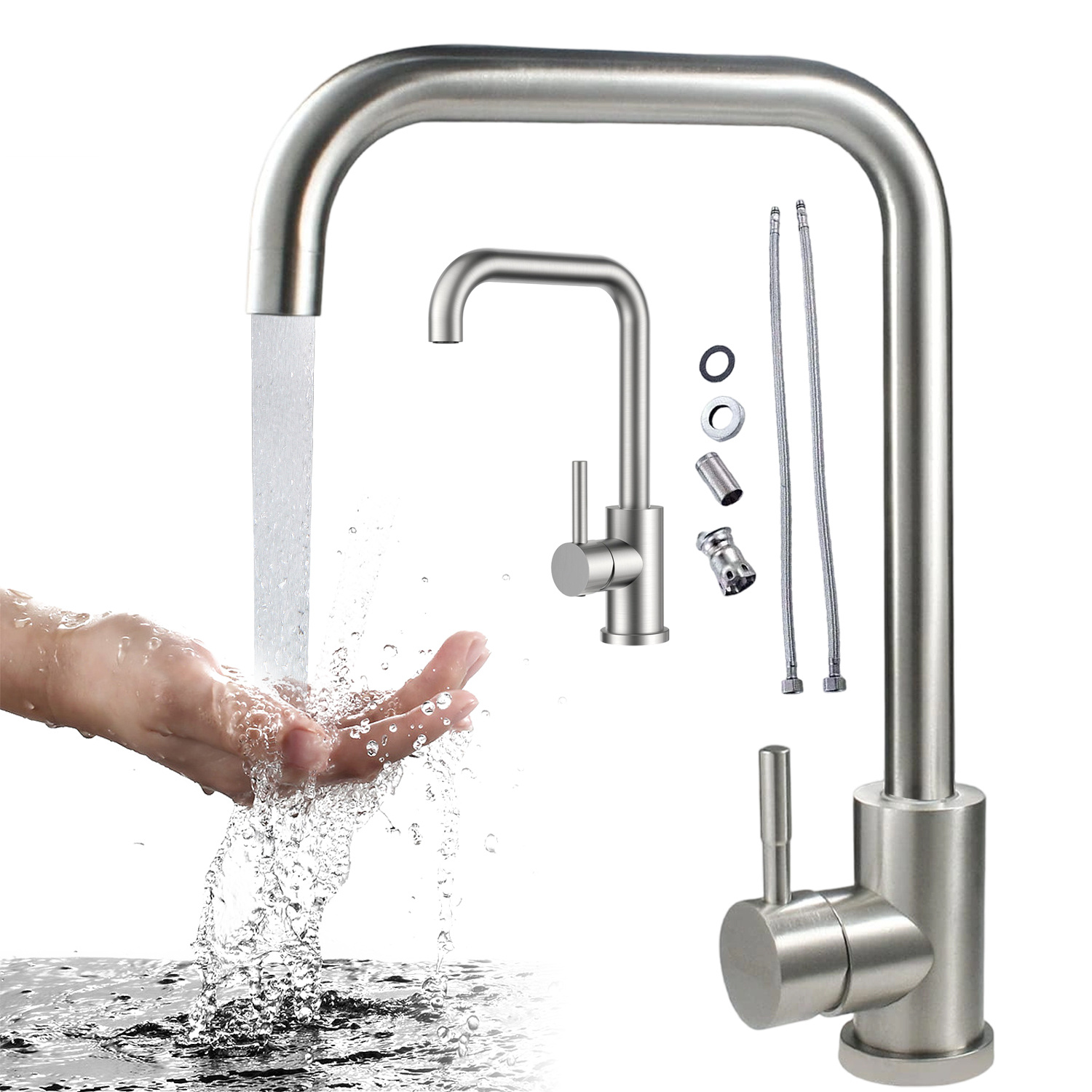 Image of Single-handed Kitchen Sink Faucet With Spout & Single Tap - Brushed Metal (brushed Stainless Suitable For Large Sinks), Installation Kit Included - Heavy-duty Sink Faucet For Renovation & Replacement