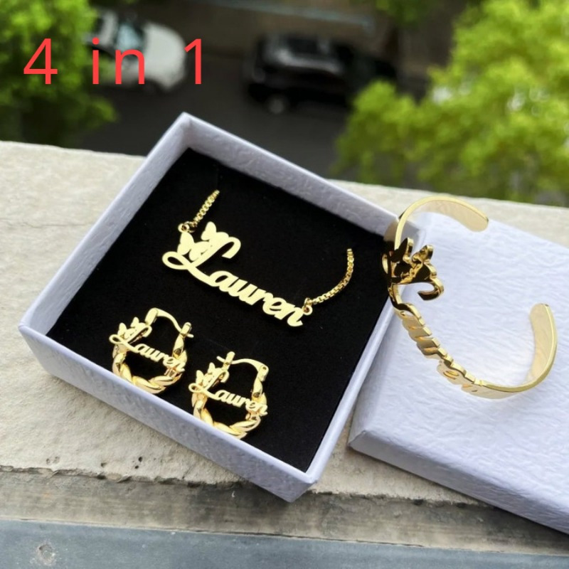 TEMU 4pcs/ Set Personalized Name Jewelry Set For Women, Stainless Steel, Mini Hoop Earrings, Name Pendant, Cuff Bangle Perfect Gift For Birthdays,