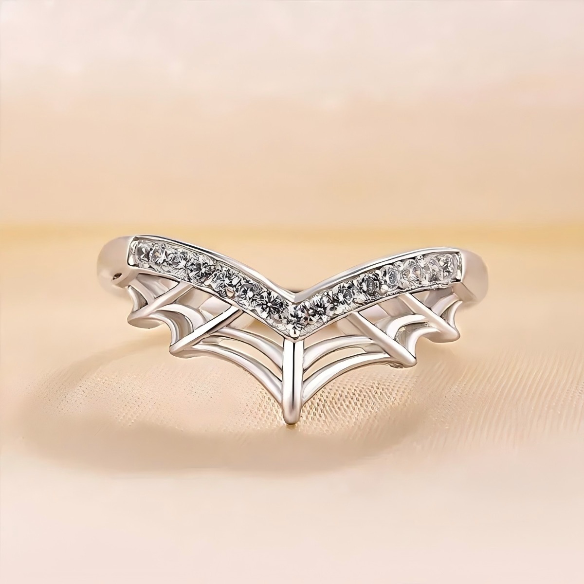 TEMU Gothic Style V-shaped Bat Wing Ring, Full-set Synthetic Synthetic Cubic Zirconiaia Hollow-out Accessory, Unisex, For Halloween Parties, Store ,