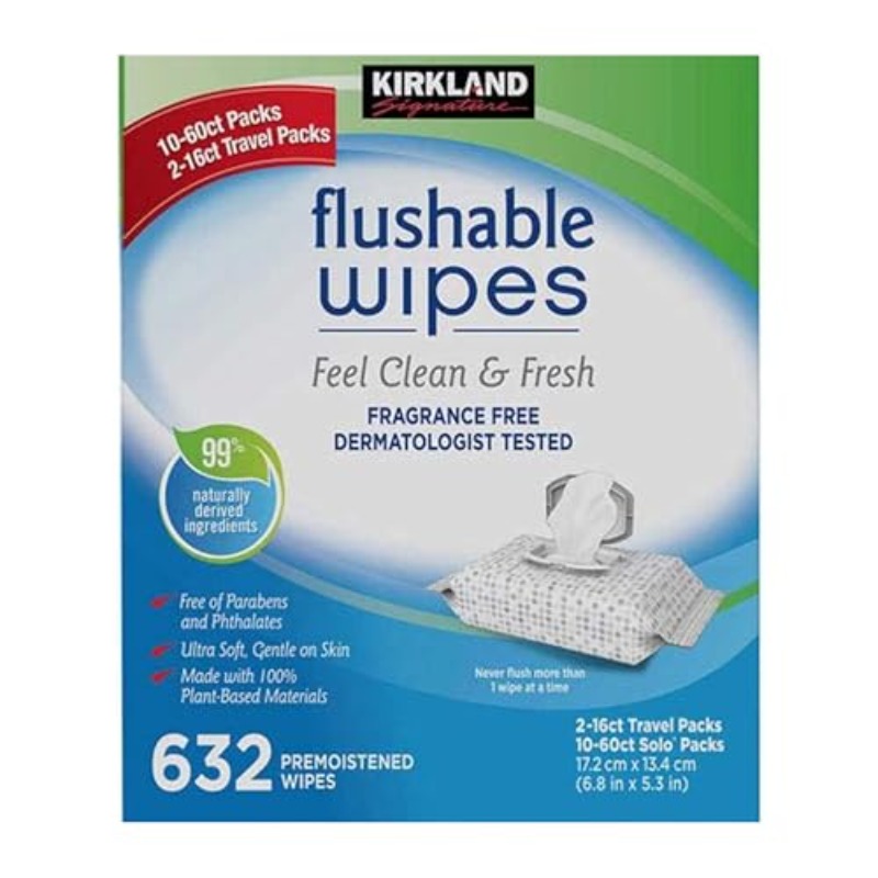 Kirkland Signature Moist Flushable Enhanced Cleansing and Freshness Ultra Soft Hypoallergenic Plant-Based Wipes - 640 Count