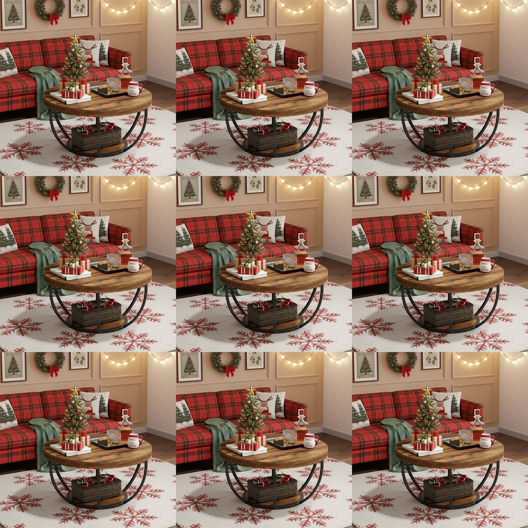 31.7 Inch 2-tier Round Coffee Table, Rustic Wooden Accent Cocktail Table With Storage, Sturdy Center Table