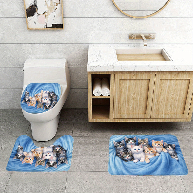 TEMU 3pcs Adorable Kitten Flannel Non-slip Toilet Mat, Washable Absorbent Bathroom Home Decor Rug, Cute Cat Pattern For Spaces, A To Any Room