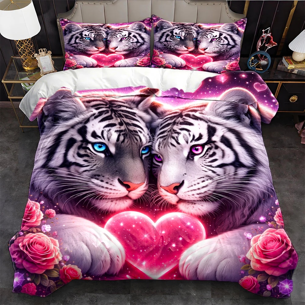 TEMU 3pcs Romantic White Tiger Heart Rose Duvet Cover Set, Bedding 3pcs Set (1 Duvet Cover   2 Pillowcases), Suitable For , Machine Washable,