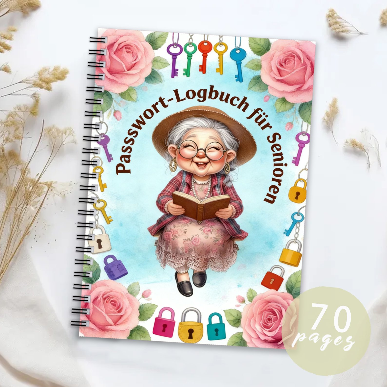 E-shop 1 Stück Deutsches Passwort-Notizbuch für Senioren - Spiralgebundenes Passwort-Tagebuch mit Schlüssel-Design, Cover mit älterer Dame &
