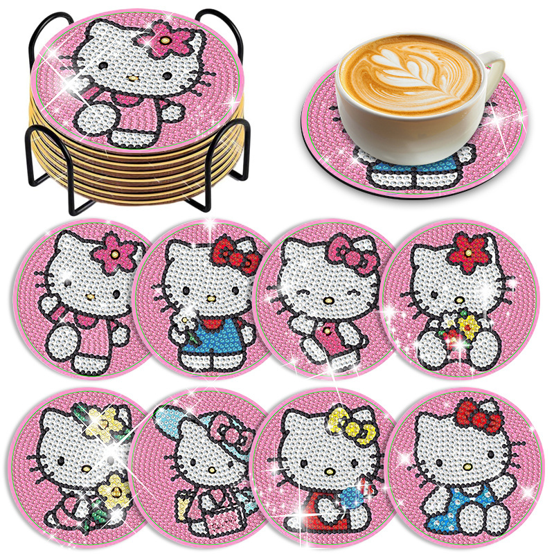 8pcs Diy Special Diamond Crafts Holiday Gifts, Cute Cartoon Coasters, Sanrio HelloKitty Diamond Painting Coasters, Insulation Pads, Anti Slip Pads, Home Kitchen Supplies, Home Decorations, Kitchen Utensils Gift Accessories Set, Shaped Diamond Painting Set, Diamond Painting