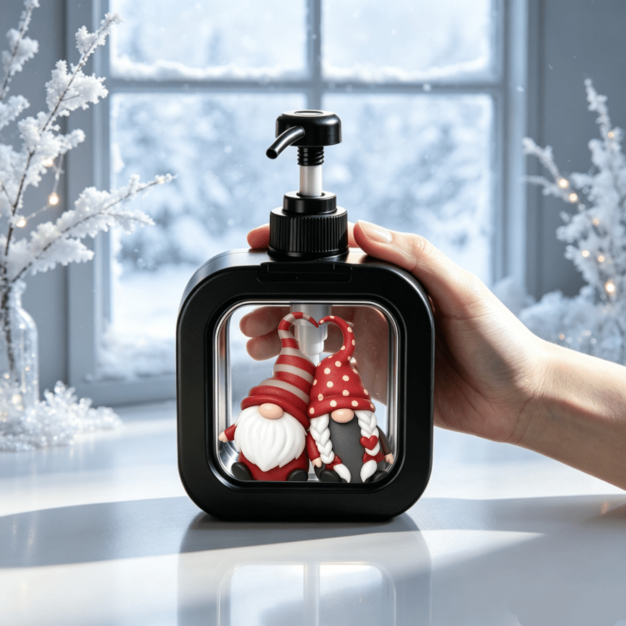 TEMU 1pc Refillable Press-pump Dispenser Bottle (cute Christmas Gnomes A Heart) – Square Plastic Container, Suitable For Liquid Soap, Lotion, And