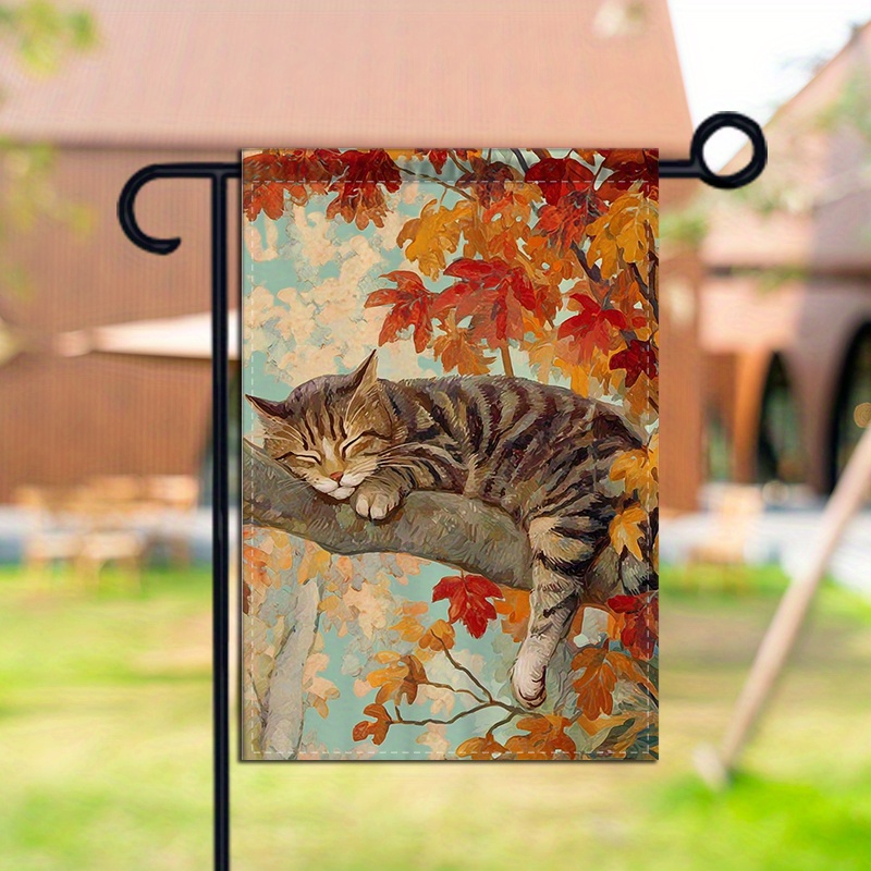 TEMU 1pc Double-sided Garden Decoration Flag Featuring A Cat Resting On A Branch, Perfect For Autumn And Enhancing , Patio, Or Poolside . Durable And
